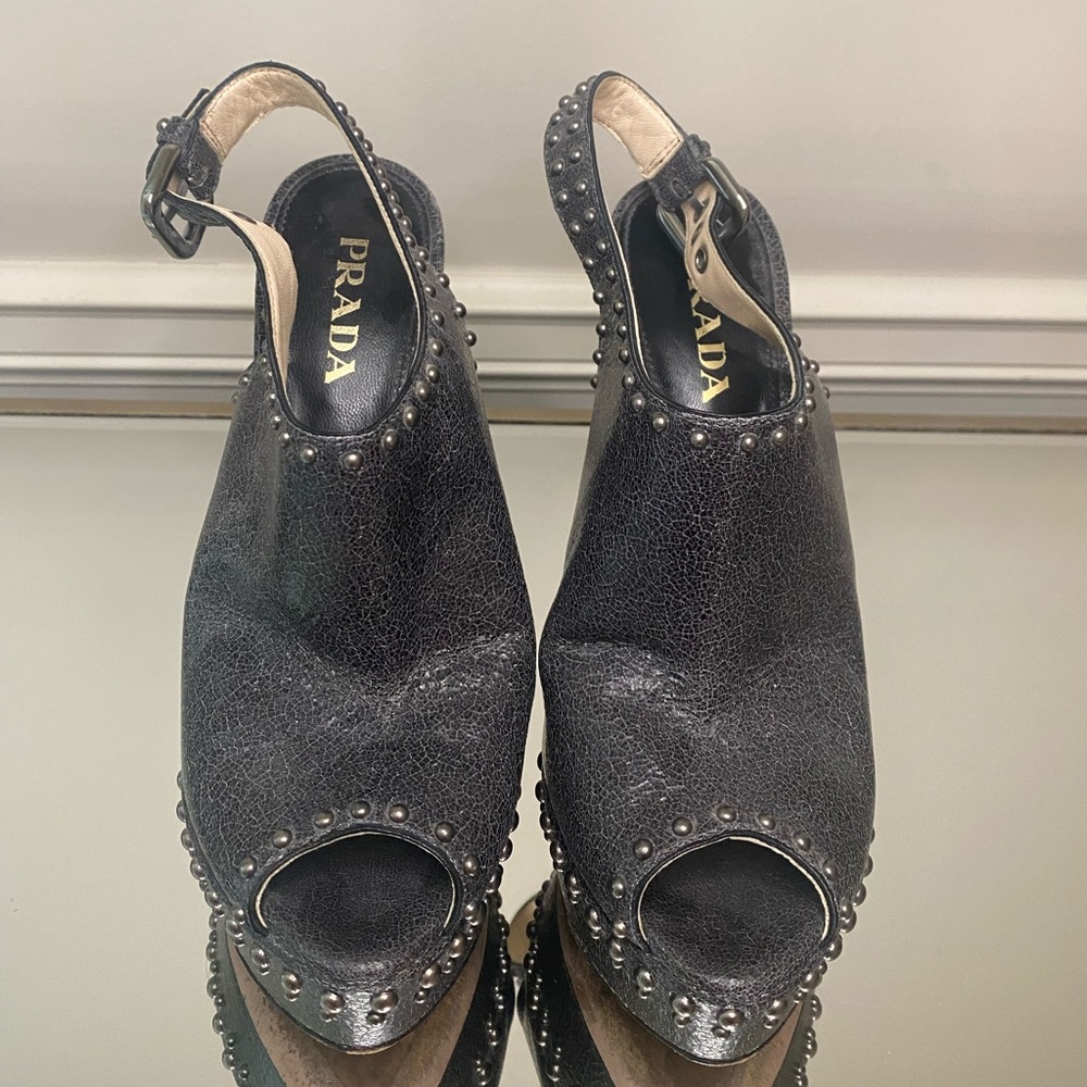 Prada
Black • Leather Studded Peep Toe •  Slingback Boots/Booties • Size 36